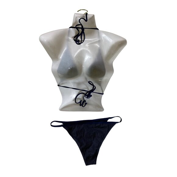 Navy Blue Halter Triangle Bikini XL Fashion Nova Sexy Denim Jean Look‎ Y2K Beach - Picture 2 of 11